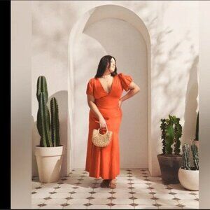 Abercrombie & Fitch Puff Sleeve Slim Poplin Red Midi Dress
